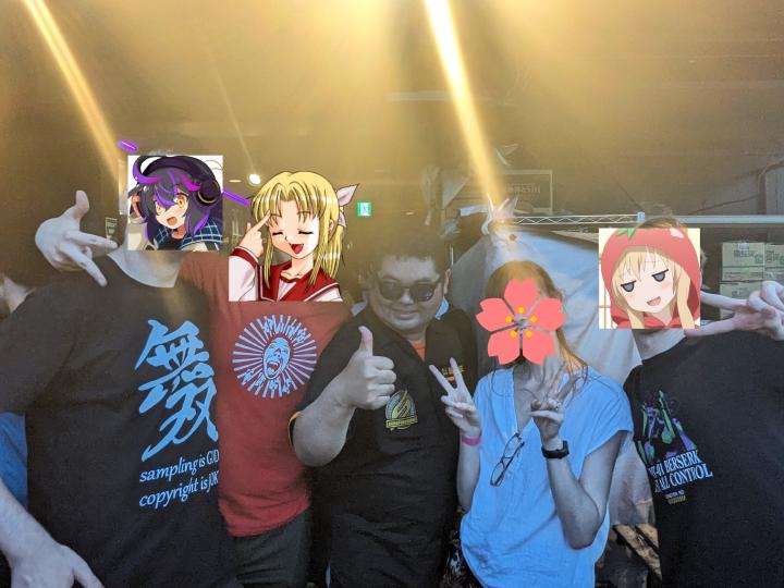 A group photo taken at TDOH 2023 dancefloor. From the left: Orin, takekun, Jea from DJ Sharpnel, yuuczan and Kyuko