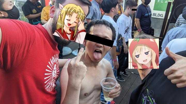A selfie with me, my friend Kyuko and a random shirt-less Japanese guy flicking you off
