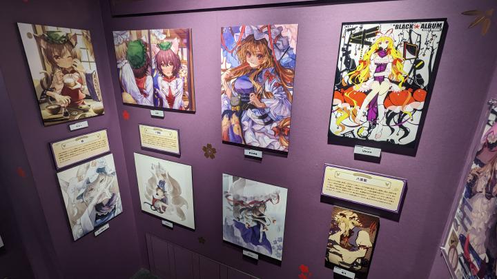 Works depicting various characters from Touhou Project drawn by different artists hanging on the wall
