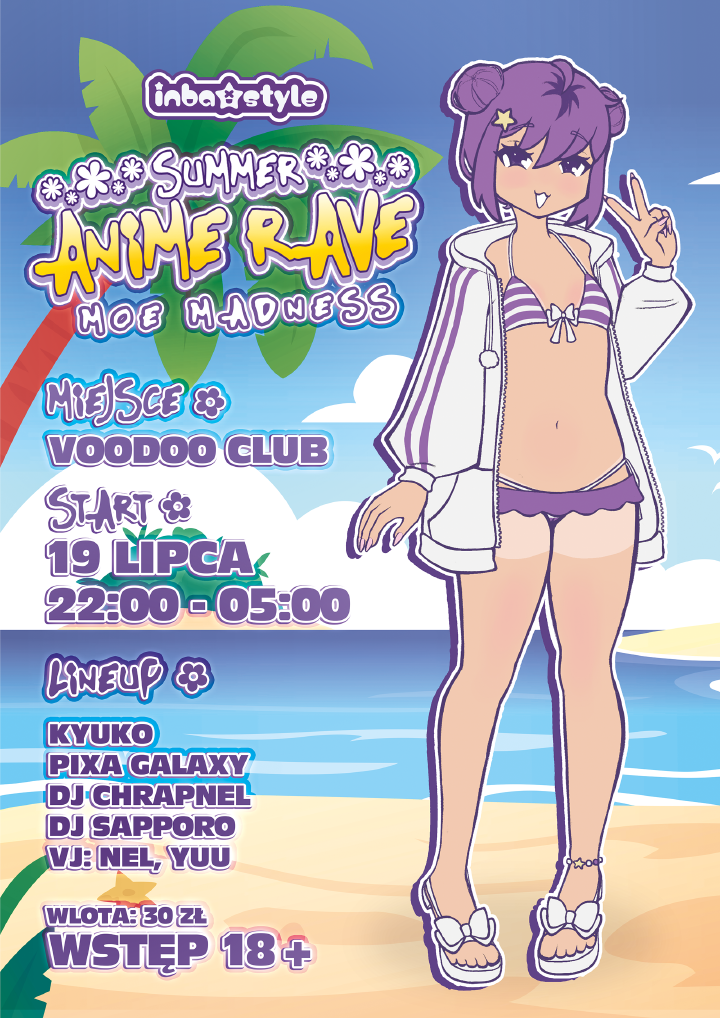 Event poster, a collective mascot in a swimsuit holding a V-sign, background depicts a beach on a sunny day. Event details, such as the name, venue, date and time and the DJs are listed on the left-hand side.